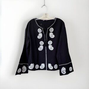 ZARA EMBROIDERED COTTON BLOUSE BLACK TIES Medium Cotton Lightweight